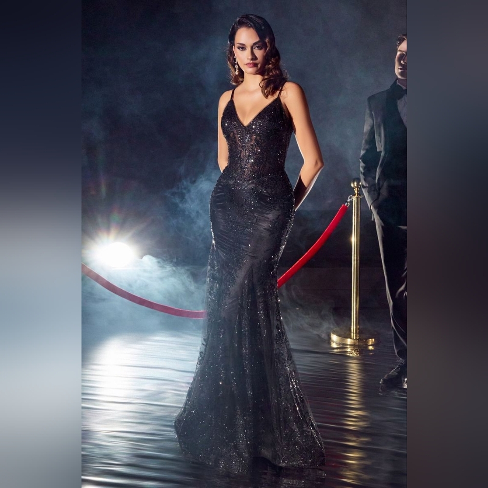 Fitted Floral Glitter Print Corset Gown Black J810